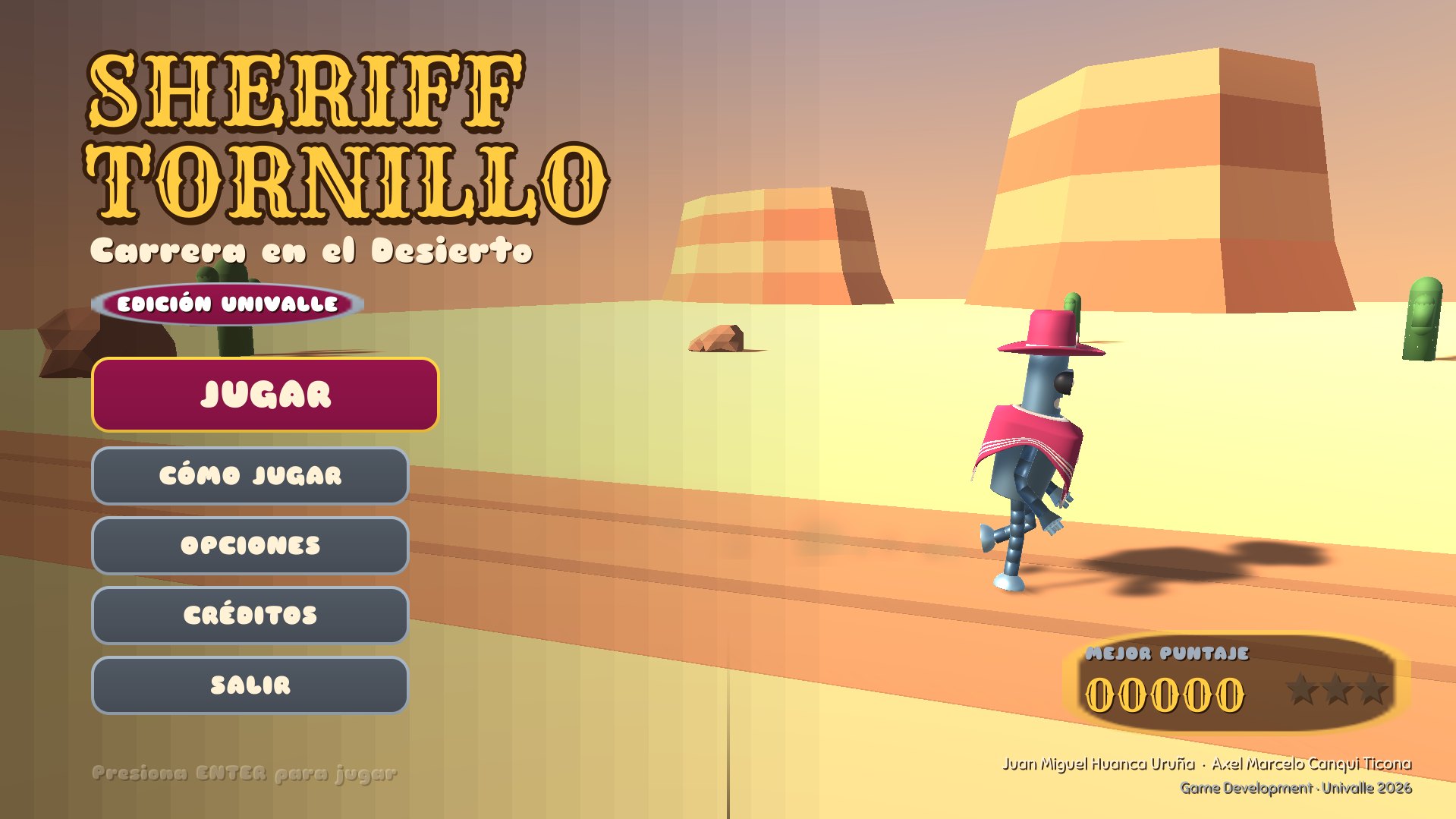 Captura del menú principal de Sheriff Tornillo con el robot corriendo por el desierto